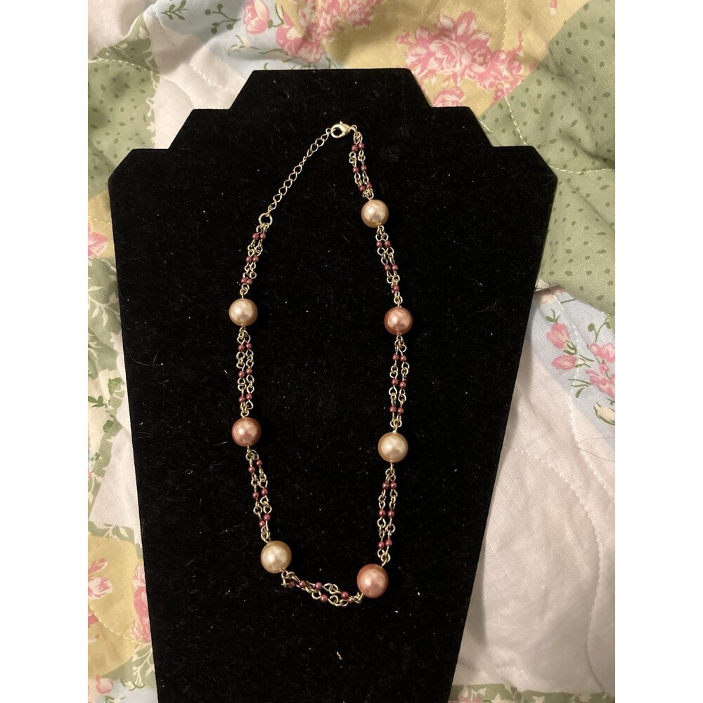Vintage Trifari Pink Pearl & Red Seed Bead Station Necklace